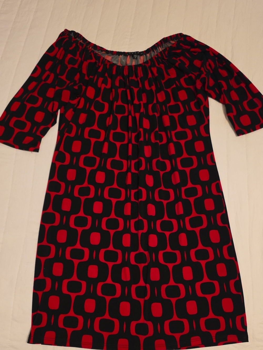 Tiana B. Red and Black Geometric Off-Shoulder Dress